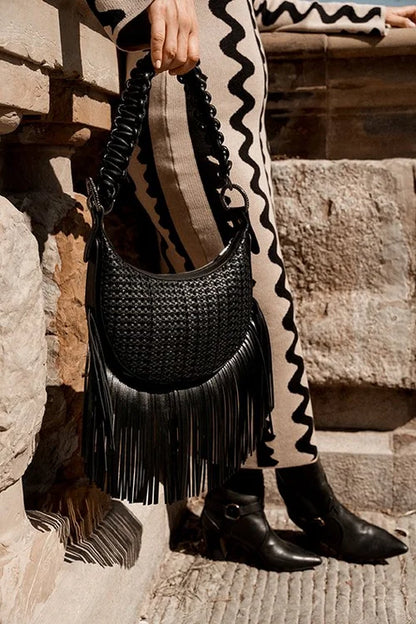 Luna Bag  (removable fringe, statement strap & crossbody strap) in Black