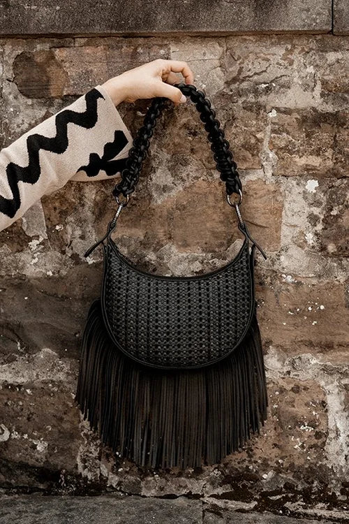 Luna Bag  (removable fringe, statement strap & crossbody strap) in Black