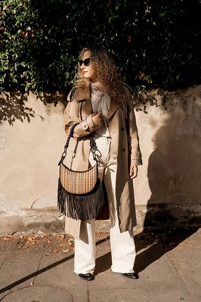 Luna Bag  (removable fringe, statement strap & crossbody strap) in Cognac