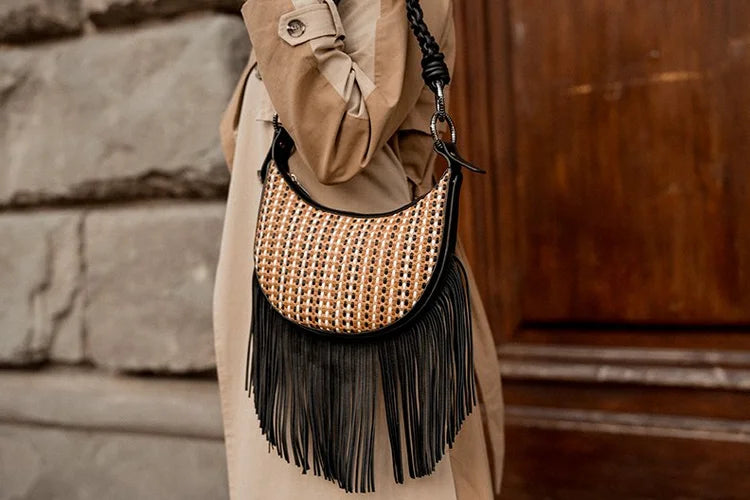 Luna Bag  (removable fringe, statement strap & crossbody strap) in Cognac