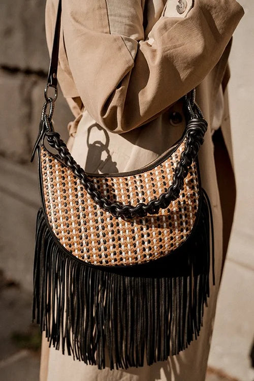 Luna Bag  (removable fringe, statement strap & crossbody strap) in Cognac