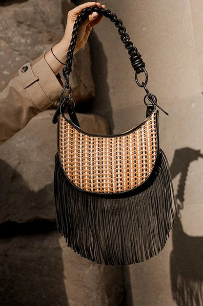 Luna Bag  (removable fringe, statement strap & crossbody strap) in Cognac